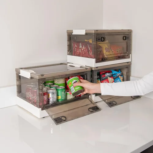 Miniatura 8 de Paquete de 3 contenedores de almacenamiento de apertura lateral, tapa apilable plegable, fácil de ordenar con caja de almacenamiento, ideal