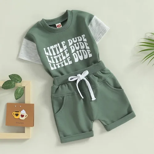 Miniatura 64 de Conjunto de traje de verano para bebé niño pequeño, manga corta, cuello redondo, letras impresas, lindo traje de verano, conjunto de 2 piezas