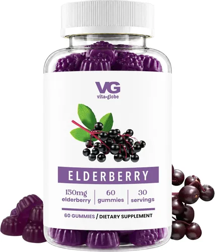 VITA GLOBE Gomitas de saúco con vitamina C y zinc, suplemento diario para apoyo inmunológico y bienestar, extracto de saúco con antioxidantes en un