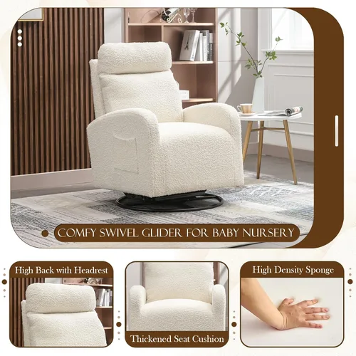 Miniatura 3 de Silla giratoria moderna, mecedora tapizada para guardería, cómoda silla mecedora con respaldo alto con bolsillo lateral y reposacabezas para sala