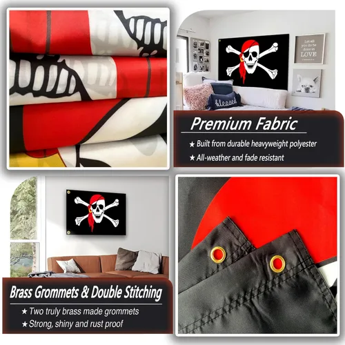 Miniatura 6 de Bandera roja de pirata Jolly Roger de 3 x 5 pies, divertida bandera estadounidense y crossbones para interiores y exteriores, universidad