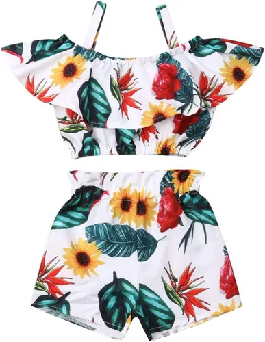 Miniatura 11 de Conjunto de 2 piezas de ropa con volantes y cuello halter floral para niños pequeños