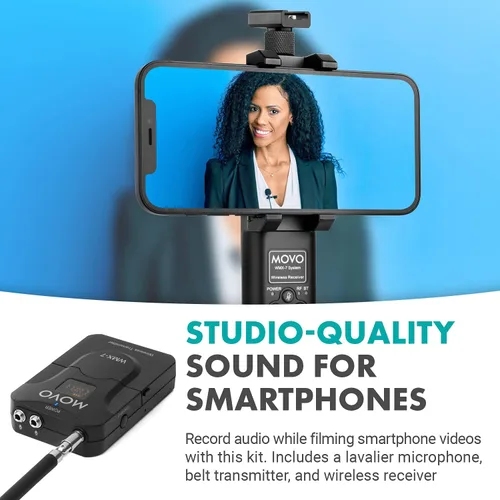 Miniatura 2 de Movo WMX-7-SP Sistema de micrófono inalámbrico Lavalier VHF para teléfonos inteligentes - Micrófono inalámbrico Lav para iPhone y Android - Receptor