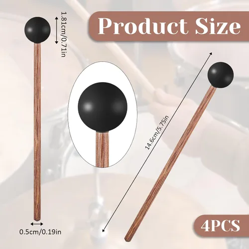 Miniatura 2 de 4 mazos de tambor de lengua de acero, mazos de xilófono, mazo Glockenspiel, mazo de percusión de goma de madera de 5.7 pulgadas, baquetas de goma