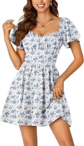 Miniatura 15 de Rooscier Minivestido acampanado de manga corta con volantes, cuello cuadrado, envolvente y espalda anudada para mujer
