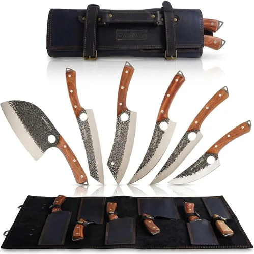 Miniatura 13 de SliceElite Cuchillo de carnicero profesional forjado a mano (juego de cuchillos de carnicero de 3 piezas con asas de madera de arena)
