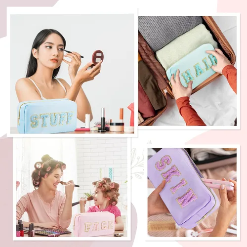Miniatura 3 de 4 bolsas de aseo de viaje para mujer, bolsas de maquillaje preparadas, organizador de cosas para la cara y el cabello, bolsa de felpilla