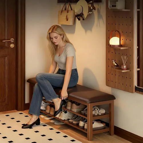 Miniatura 3 de Banco de zapatos con cojín de cuero, banco de entrada de madera maciza rústica con 2 estantes ajustables en altura y extraíbles para pasillo, sala