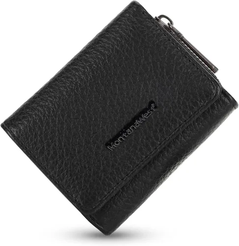 Miniatura 7 de Montana West Billetera pequeña para mujer, de piel auténtica, triple pliegue, tarjetero Rfid con cremallera y bolsillo para monedas, Un negro, Casual