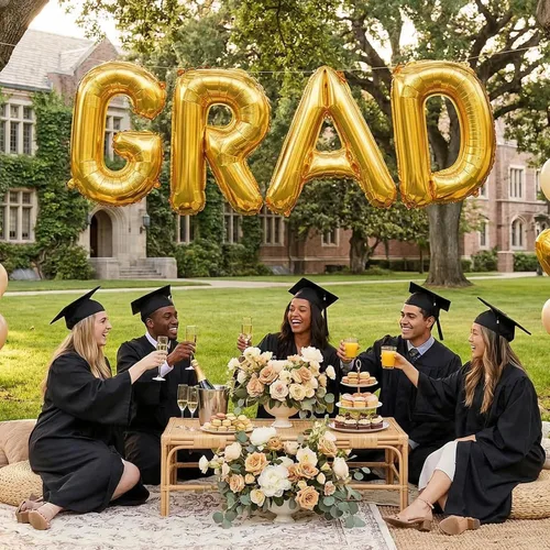 Miniatura 5 de Biapian Globos dorados de 40 pulgadas, 4 piezas de decoraciones de graduación, pancarta grande de graduación dorada, globos de aluminio para fiesta