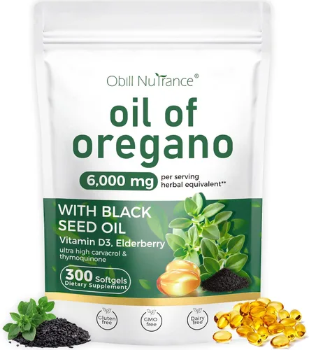 Aceite de Orégano, 300 Cápsulas Blandas, Aceite de Orégano 4-en-1 con Aceite de Semilla Negra, Vitamina D3 y Saúco, Cápsulas de Aceite de Orégano