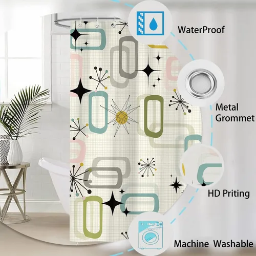 Miniatura 6 de Cortina de ducha de mediados de siglo, juego de cortinas de ducha bohemias y modernas a cuadros para decoración de baño, tela impermeable con 12