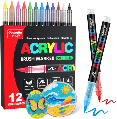 Guangna Marcadores de pintura acrílica, punta de pincel, 12 colores vivos con sistema de tinta de líquido directo, bolígrafo de pintura de grado