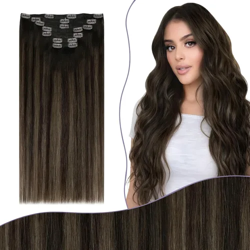Miniatura 48 de Fshine Extensiones de cabello con broches, 22 pulgadas, 7 unidades, color marrón oscuro, doble trama, extensiones de cabello humano real con clip