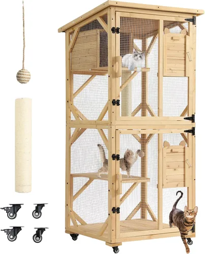 Miniatura 10 de MAGIC UNION Catio de 71 pulgadas de acceso a la ventana para gatos al aire libre, 4 niveles para gatos con ruedas, caja de descanso y techo