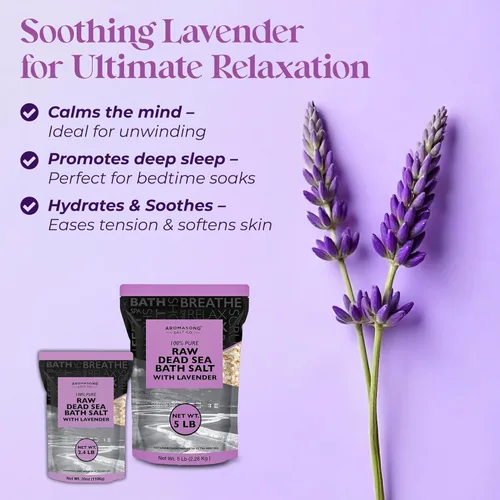 Miniatura 6 de Aromasong Sal pura cruda del mar muerto para remojar con lavanda 100% natural, 2.43 libras, sal de baño de spa de grano fino, exfoliante de lavado