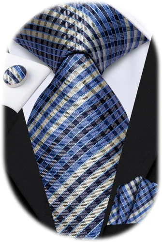 Miniatura 279 de Hi-Tie Corbata clásica de cachemira para hombre con pañuelo y gemelos a cuadros