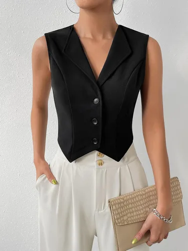 Miniatura 4 de Verdusa Chaleco corto sin mangas con cuello de solapa frontal y botones para mujer