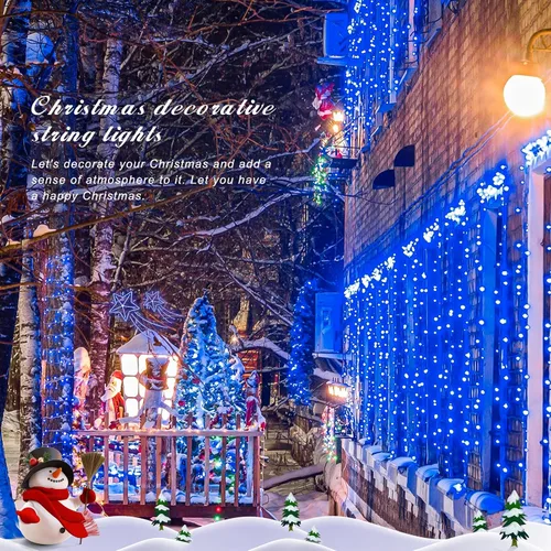 Miniatura 8 de JMEXSUSS 150 luces LED azules de Navidad para interiores y exteriores, luces de cadena conectables de 59 pies con enchufe, 8 modos de luces de hadas