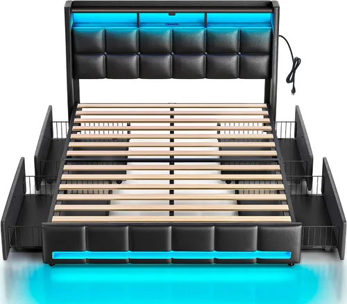 Miniatura 10 de Rolanstar Marco de cama tamaño twin con luces LED y estación de carga, cabecera de almacenamiento de cuero PU y cajones, listones de madera Negro