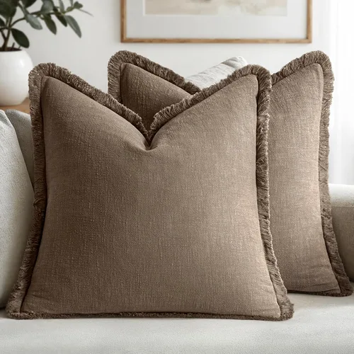 Miniatura 33 de MIULEE Juego de 2 fundas de almohada decorativas de lino neutro con flecos, fundas de cojín de estilo bohemio con borlas para sofá, cama, sala