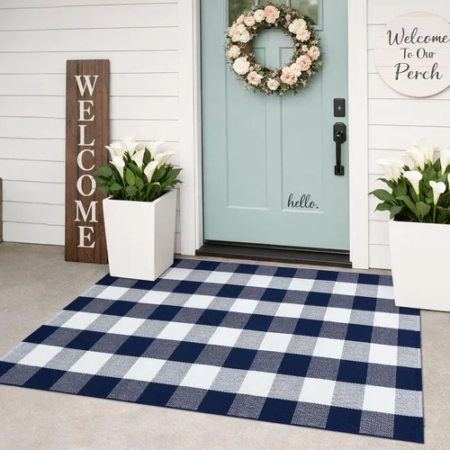 Miniatura 19 de KOZYFLY - Alfombra de algodón a cuadros, 47.2 x 70.8 pulgadas, lana cuadriculada, 4 x 6 pies, lavable y tejida a mano para entrada, cocina, porche