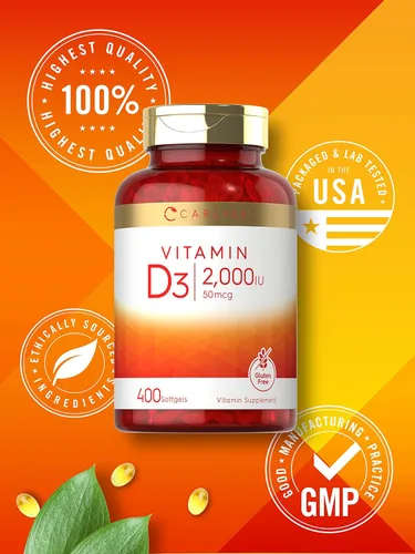 Miniatura 5 de Carlyle Vitamina D3 2000IU cápsulas blandas 400 unidades Fórmula sin OMG, sin gluten 50 mcg Suplemento de vitamina D