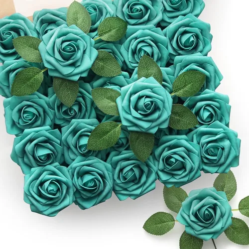 Miniatura 14 de Mocoosy 50 rosas artificiales, rosas polvorientas para decoraciones, rosas falsas de espuma de tacto real a granel con tallos, ramos de boda, Rosa
