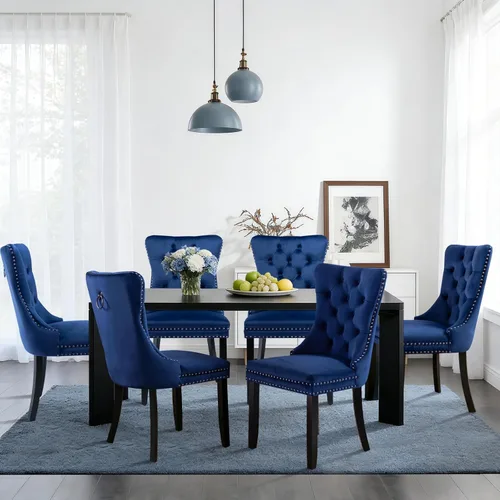 Miniatura 5 de SoarFlash Juego de 6 sillas de comedor de terciopelo, silla lateral de respaldo alto, silla lateral tapizada moderna de alta gama con capitoné y Azul