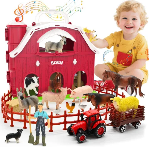 Juguetes de granero rojo para niños pequeños de 1 a 3 años, figuras de animales de granja con tractor para niños de 2, 3, 4, 5 años, juguetes