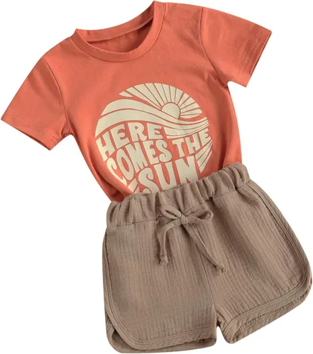 Miniatura 2 de fhutpw Conjunto de 2 piezas de ropa de verano para bebés, camiseta de manga corta, cintura elástica, pantalones cortos para niños pequeños