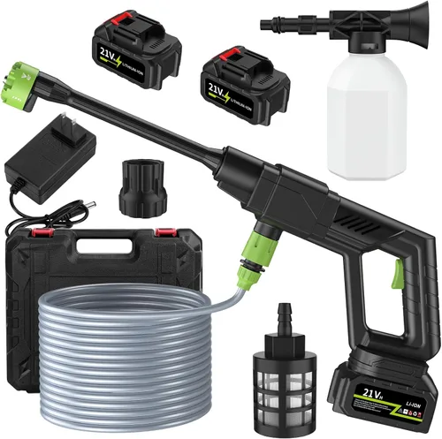 Lavadora a presión inalámbrica, lavadora a batería de 500 PSI con 2 baterías recargables y boquilla 6 en 1, lavadora a presión portátil de 21 V para
