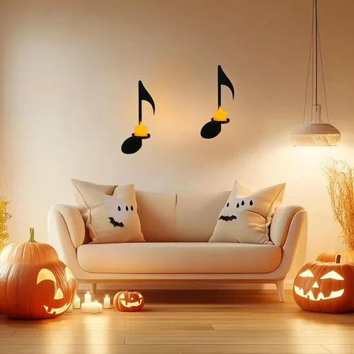 Miniatura 2 de Juego de candelabros de notas musicales 4P negros montados en la pared con bandejas plegables para velas de té, arte decorativo de pared para sala