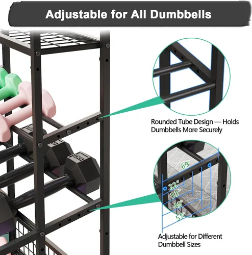 Miniatura 3 de Soporte para mancuernas de 3 niveles, soporte de pesas ajustable para gimnasio en casa, soporte de peso resistente con ganchos para mancuernas