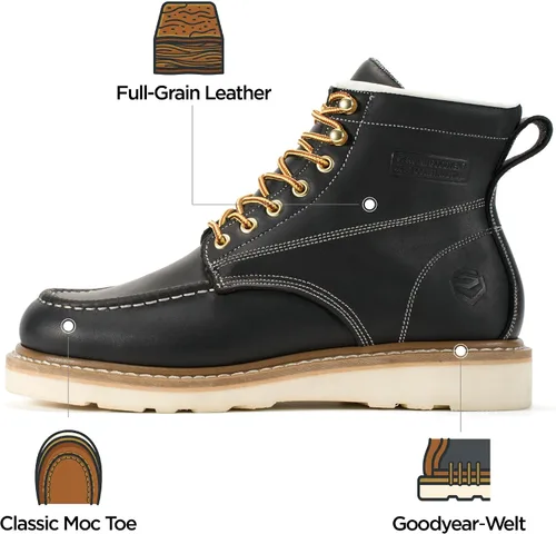 Miniatura 4 de SUREWAY GoodyearWelt, botas de trabajo de 6 pulgadas para hombre, suaves, con punta de acero, de cuero de grano completo, antideslizantes, EH Safety