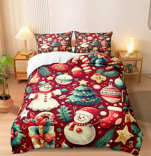 Miniatura 38 de Herside Juego de funda de edredón de Navidad, tamaño Queen, colorido patrón navideño impreso, bonita decoración navideña, microfibra suave, funda