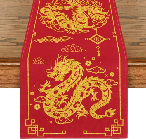 Artoid Mode Camino de mesa de dragón del zodiaco chino 2025, feliz año nuevo, festival de primavera, invierno, cocina, comedor, decoración para
