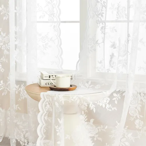 Miniatura 2 de SEEKRIGHT 2 paneles de cortinas traslúcidas de encaje de 96 pulgadas de largo, cortinas florales victorianas blancas para sala de estar, dormitorio