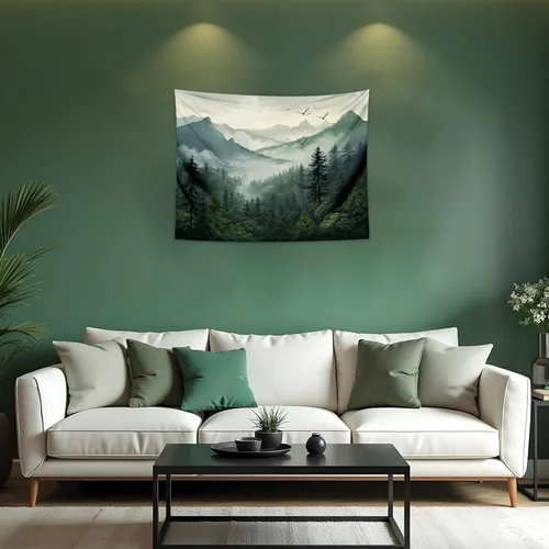 Miniatura 23 de QGHOT Tapiz de bosque brumoso, tapiz de montaña natural para colgar en la pared, paisaje de acuarela verde salvia, arte de pared para dormitorio