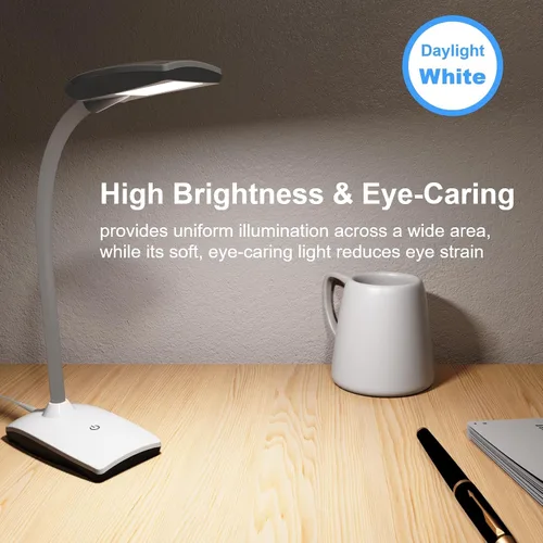 Miniatura 5 de Lámpara de escritorio LED de 3 brillos regulable para cuidado de los ojos, lámpara de mesa blanca flexible de cuello de cisne táctil, luz