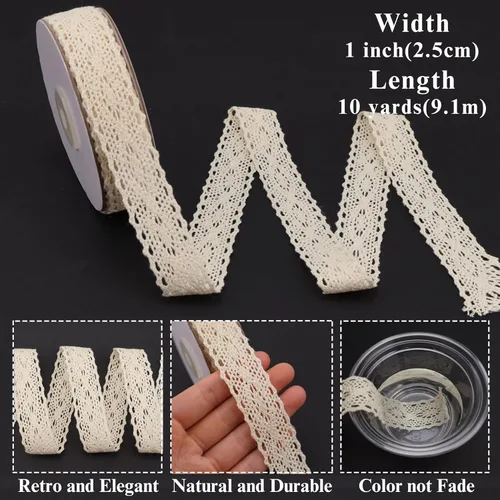 Miniatura 2 de Cinta artesanal de algodón natural de 1 pulgada, cinta de algodón vintage con ribete de encaje de ganchillo, cinta de envoltura de 10 yardas (beige)