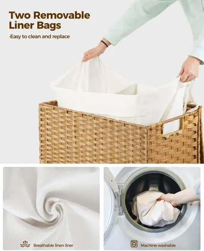 Miniatura 76 de GREENSTELL Cesta para ropa sucia con ruedas y tapa, 130 L, cesta grande de 3 secciones con 2 tipos de bolsas de forro extraíbles, 5 bolsas de malla