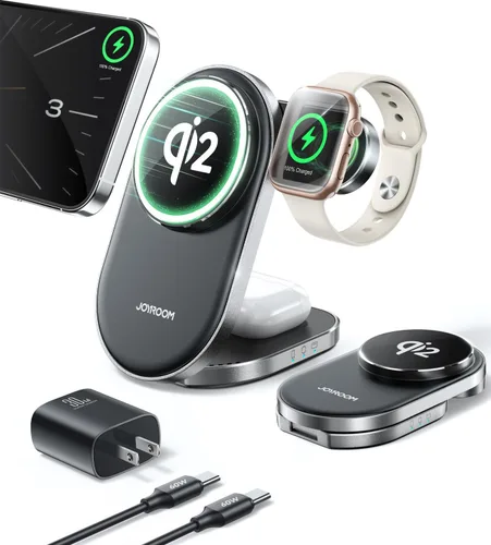 Estación de carga inalámbrica Qi2 3 en 1, soporte de cargador inalámbrico rápido JOYROOM de 15 W para iPhone 16/15/14/13, Apple Watch, AirPods,
