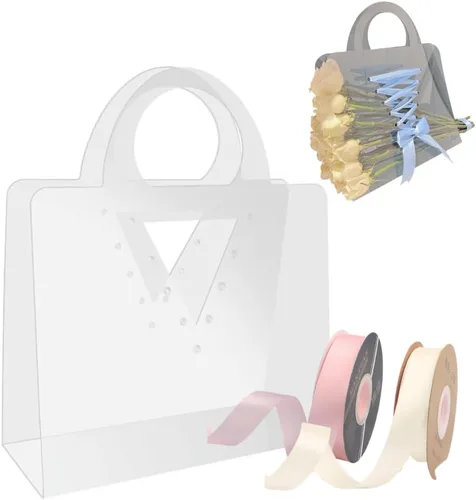 Miniatura 6 de Foxegg 12 bolsas de flores transparentes para ramos, bolsa de regalo floral transparente con asa y cinta, suministros de floristería, embalaje