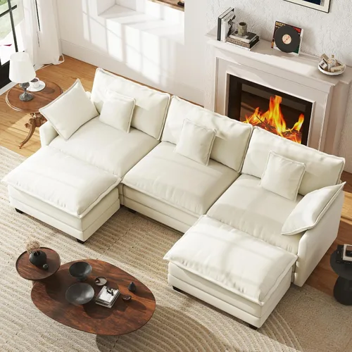 Miniatura 36 de WorthFurni Sofá Seccional Modular de 111.4", Sofá de Nube en Forma de U con 2 Otomanas Móviles, Cómodo Sofá de Chenille de Asiento Profundo