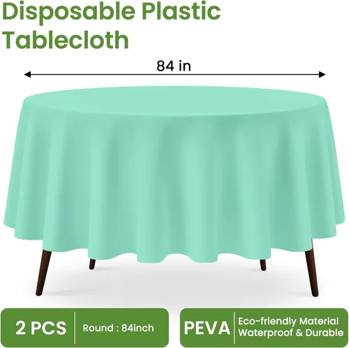 Miniatura 3 de Paquete de 2 manteles redondos desechables color aguamarina, manteles de plástico aguamarina desechables para fiestas, 84 x 84 pulgadas, mantel