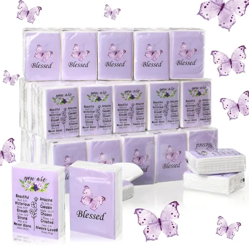 Miniatura 8 de Harloon 100 paquetes de pañuelos faciales cristianos de mariposa púrpura en tamaño de billetera de bolsillo, pañuelos de viaje de 3 capas