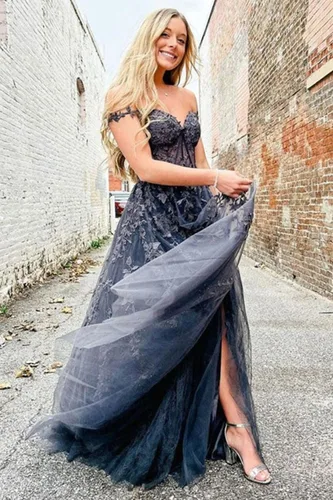 Miniatura 4 de YUAOHUANG Vestidos de graduación con apliques de encaje y tul para mujer 2025, vestido de baile con tirantes delgados, vestido de noche formal