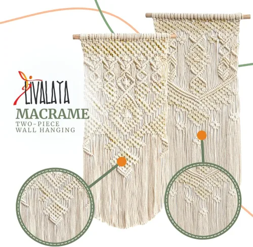 Miniatura 4 de LIVALAYA Decoración tejida de macramé bohemio para colgar en la pared, 24 pulgadas de largo x 13 pulgadas de ancho, juego de 2, decoración de pared