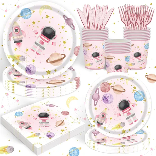 120 piezas de suministros de fiesta espacial para niñas, baby shower, primer y segundo cumpleaños, decoración de fiesta de cumpleaños de luna rosa,